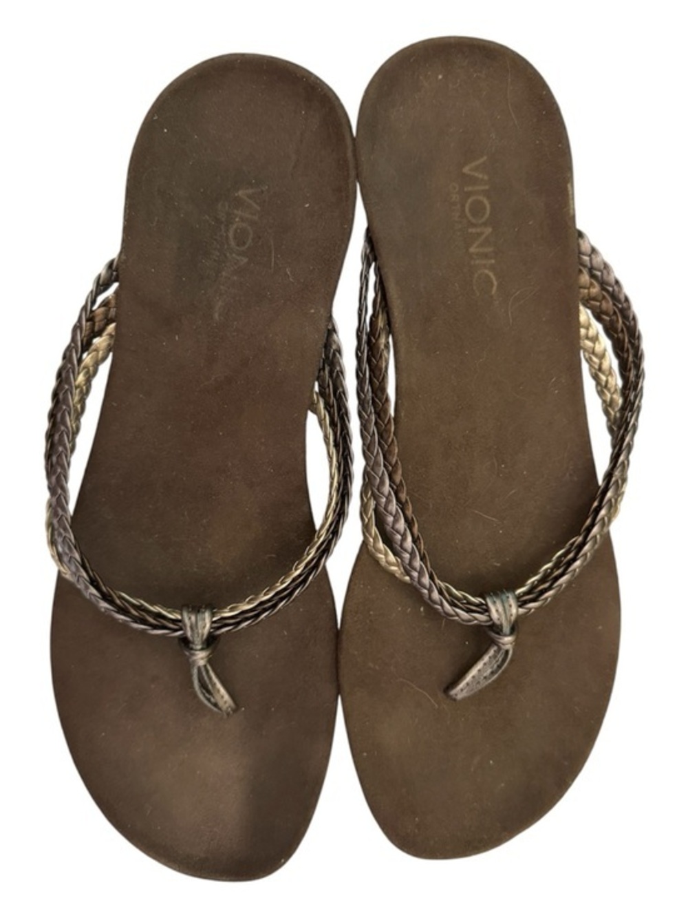 Vionic Ramba Wedge Sandals with Braided Metallic Straps and Brown Footbeds Sz 9